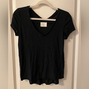 t.la ANTHROPOLOGIE Black V-Neck Short Sleeve Cotton T-Shirt Pocket XXS